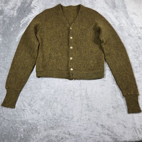 Vintage 60s 70s Mohair Cardigan Mens Medium Army Green Fuzzy Grunge Kurt Cobain - Picture 2 of 12